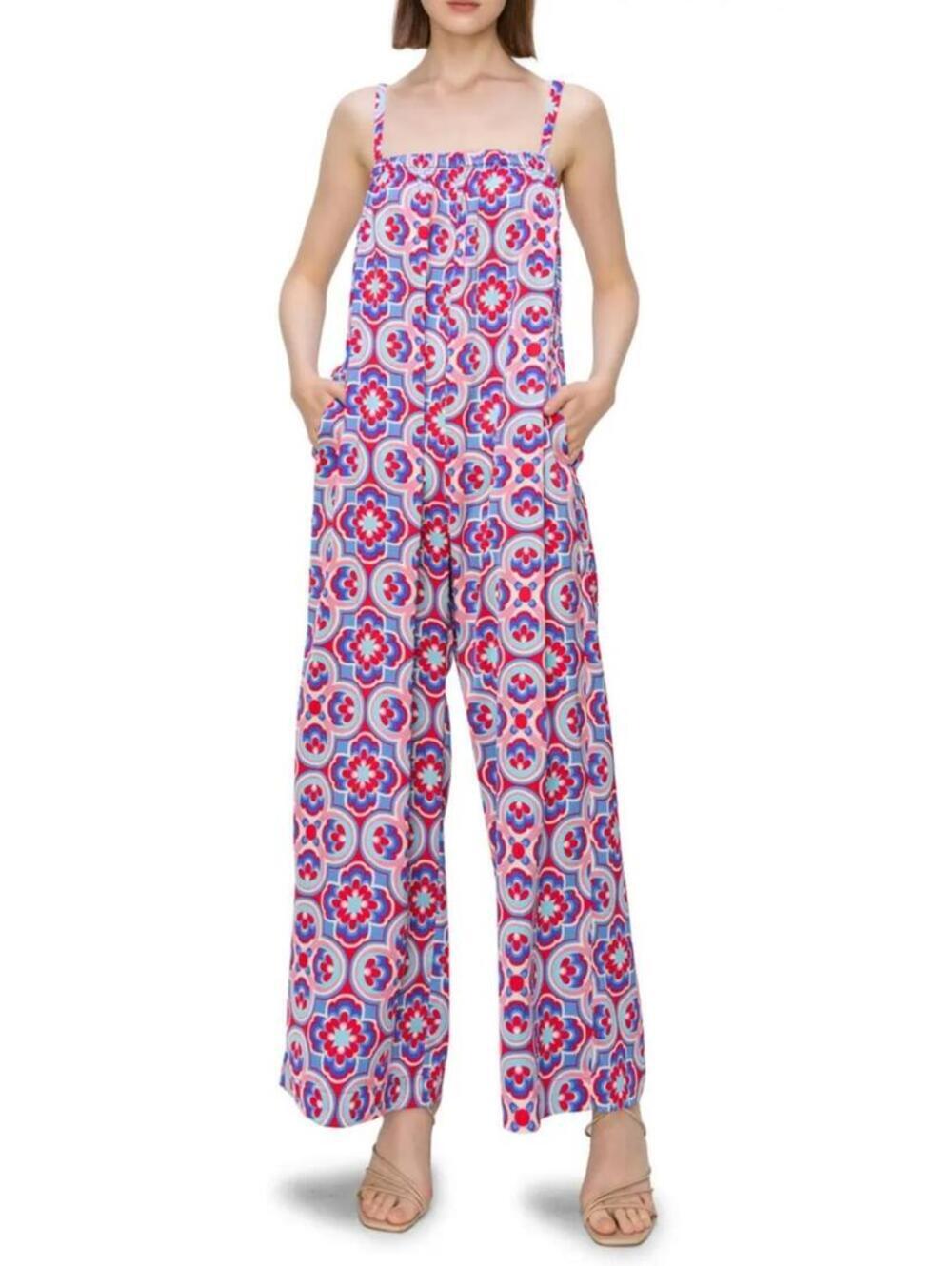 Melloday Geometric Patterned Jumpsuit Pockets Retro Mod Women's Size Large